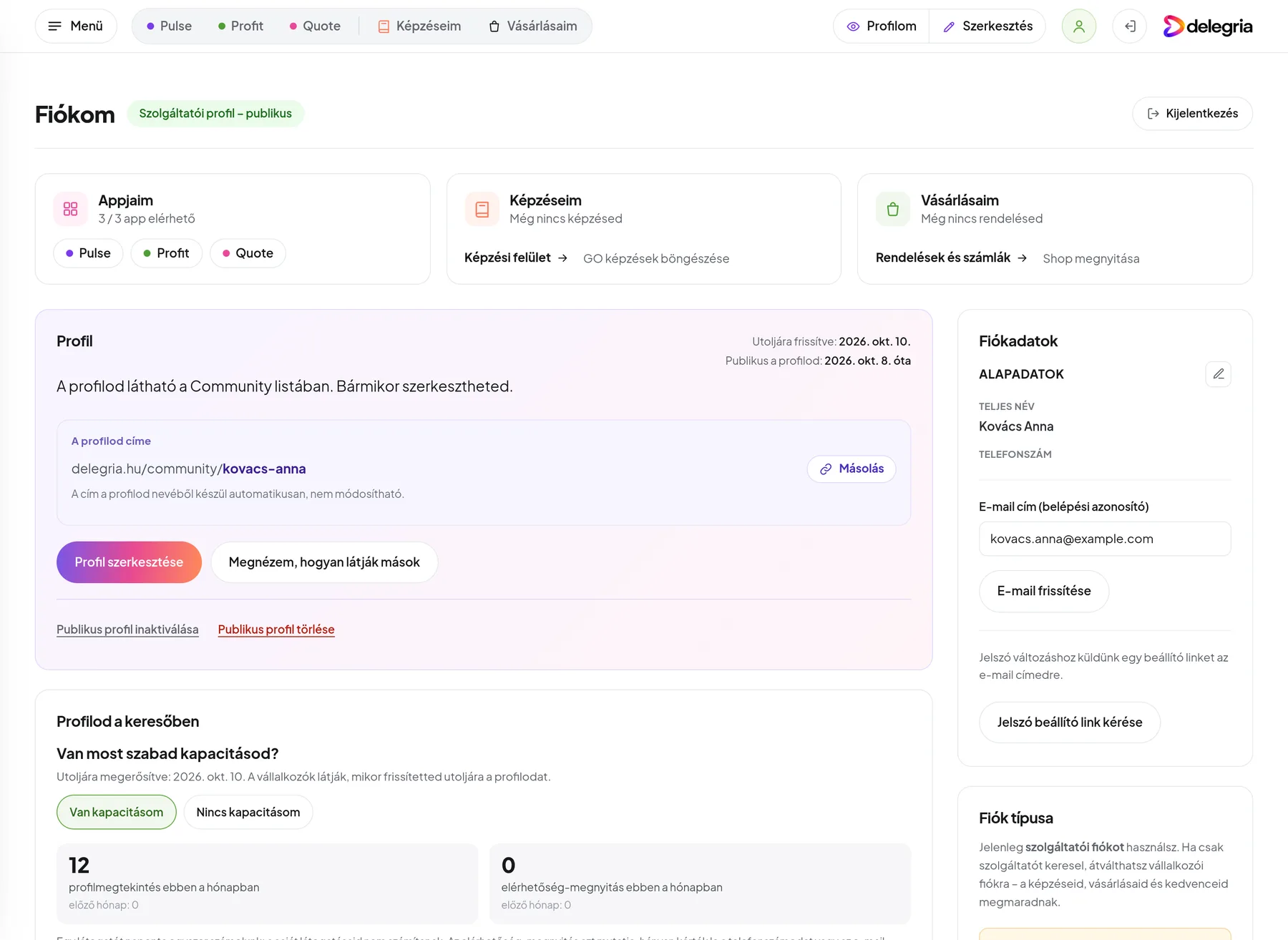A Fiókom felület: profil állapota, profilcím, appok és Community Pro tagság (mintaadatokkal)