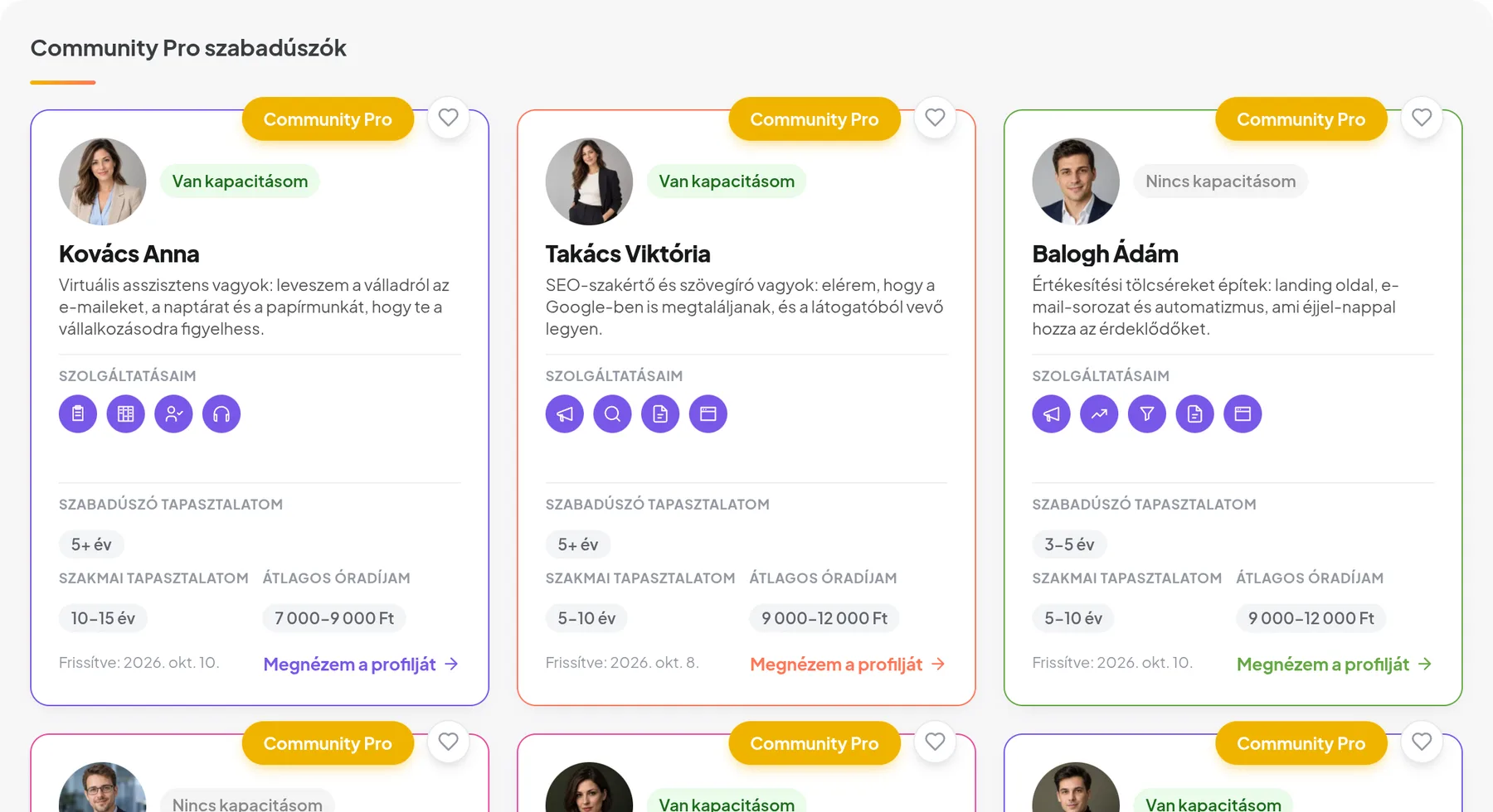 Szabadúszó-kártyák a Delegria Community keresőjében: fotó, szakterület, kapacitás és tapasztalat (mintaadatokkal)
